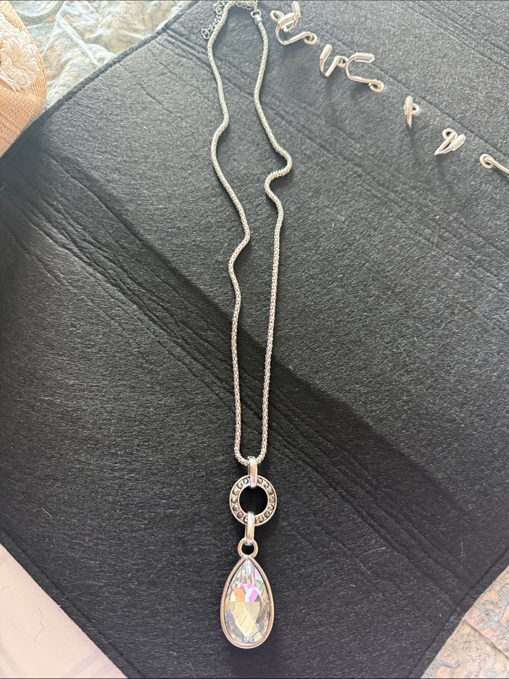 Crystal Teardrop Pendant Necklace - Silver Tone Chain